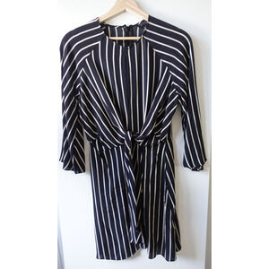 Topshop Dress Womens 6 Black White Striped Tie Waist 3/4 Sleeve Mini Boho Flowy
